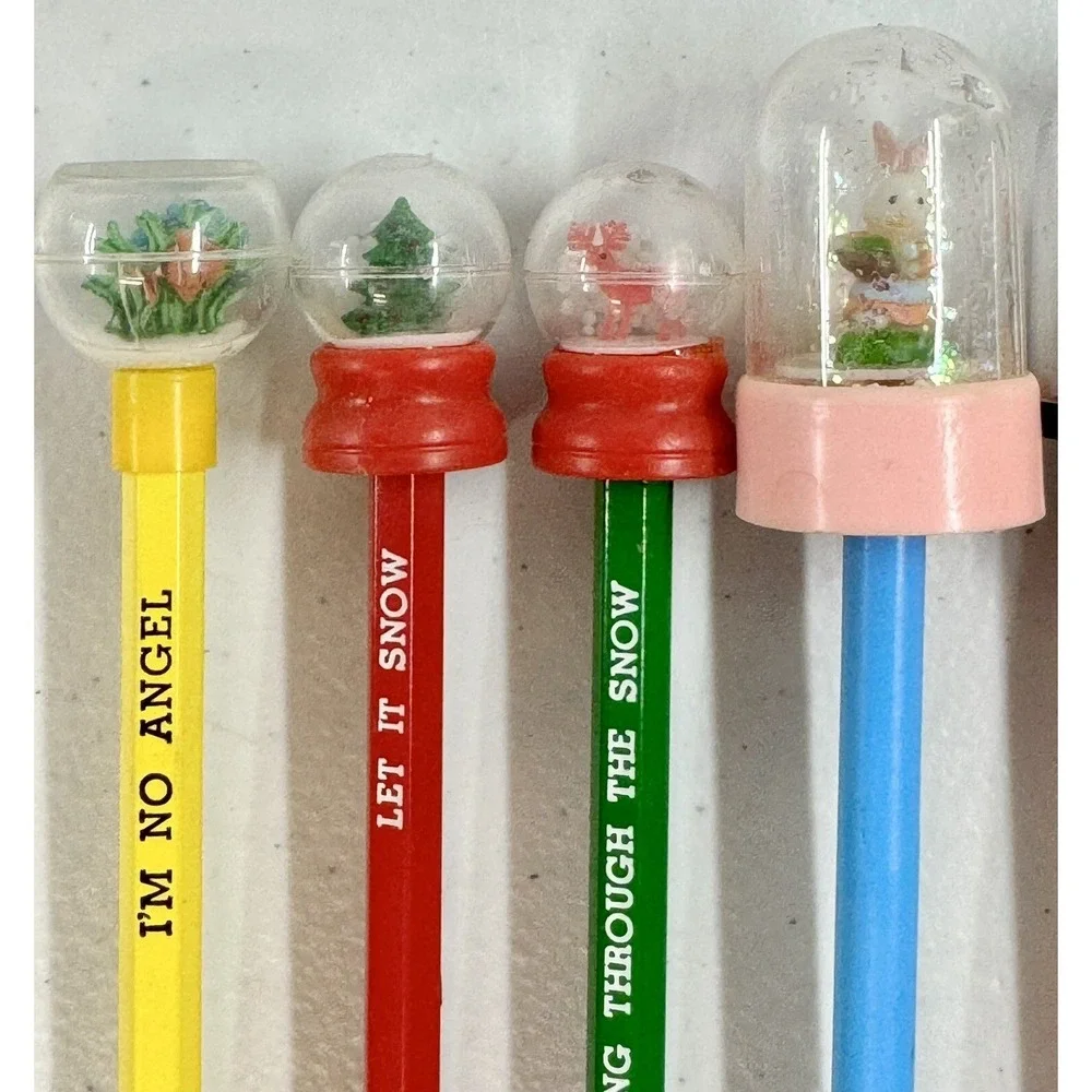 11 Vintage Wood Pencils w/Toppers Unused Water Game Twirlems Snow Globes Taiwan